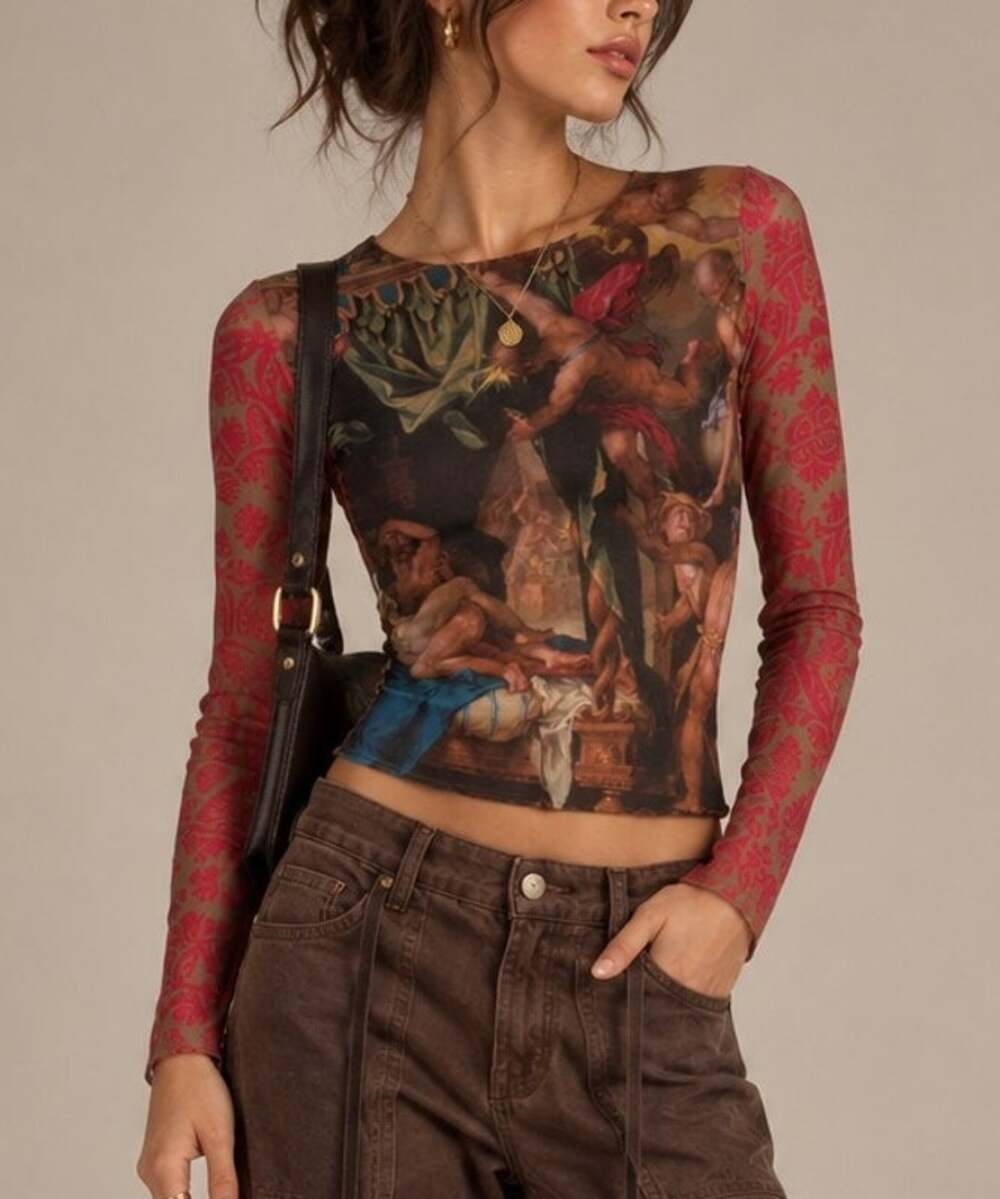 Pinkie's World Renaissance Graphic Art Print Mesh Top XS Red Whimsigoth Y2K Art